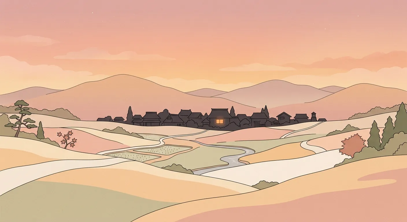Ilustración minimalista de un paisaje rural al atardecer con una luz encendida, el verdadero Japón está en sus regiones