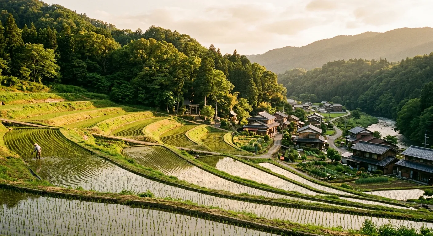Paisaje satoyama con arrozales en terrazas y un pueblo rural, el paisaje del Japón clásico