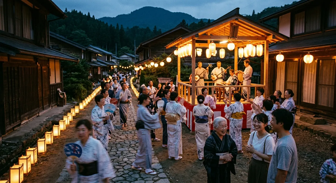 Pequeño festival rural japonés con farolillos al atardecer y vecinos en yukata, festivales y tradiciones escondidas