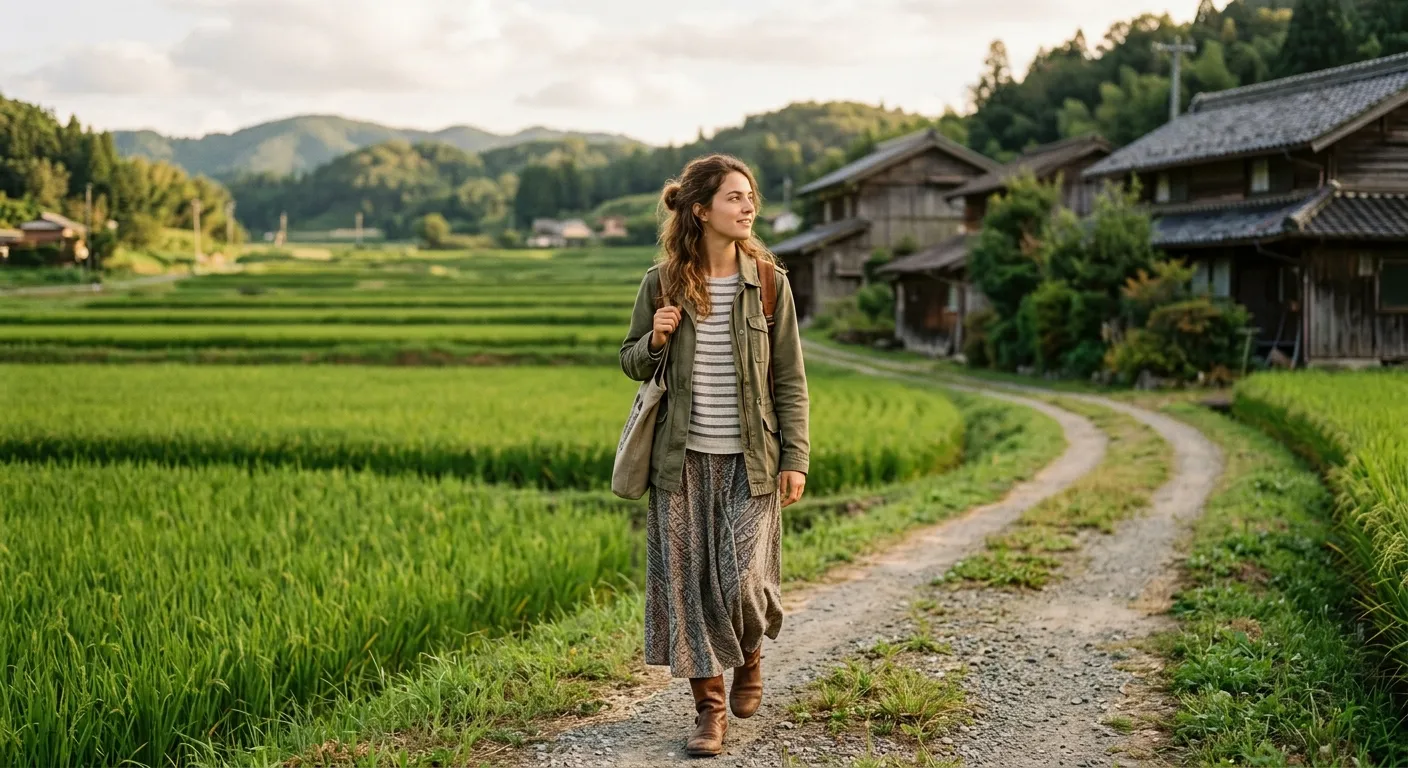 Joven viajera hispanohablante caminando por un camino rural japonés, viajando al Japón rural