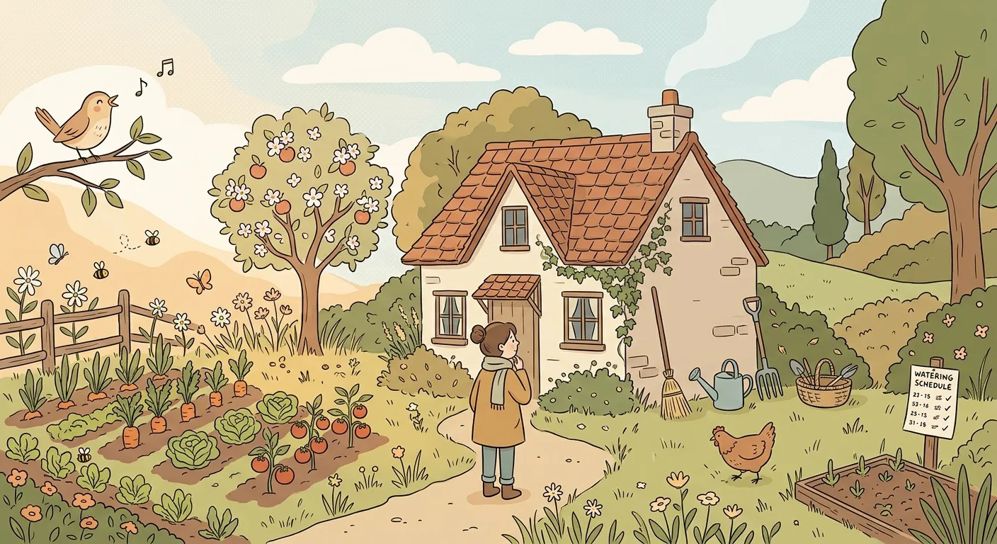 Ilustración minimalista del sueño y la realidad de mudarse al Japón rural, el sueño y la realidad