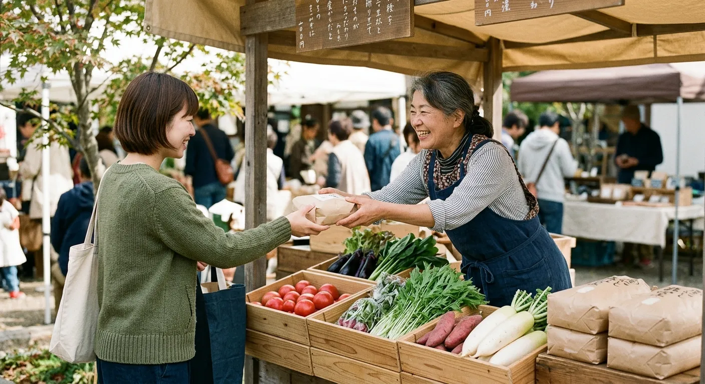 Productor entregando productos locales a un cliente en un mercado de agricultores, cómo apoyar al Japón rural