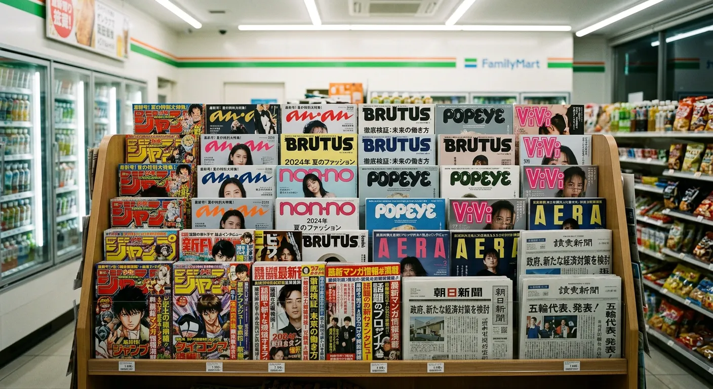 Estante de revistas en konbini japonés con titulares en japonés