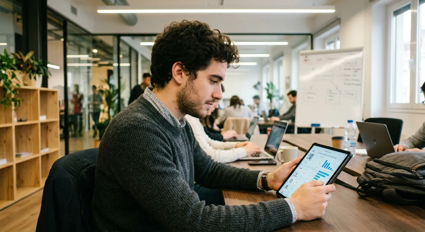 Joven castellano viendo app de kanji por frecuencia en tablet en coworking moderno