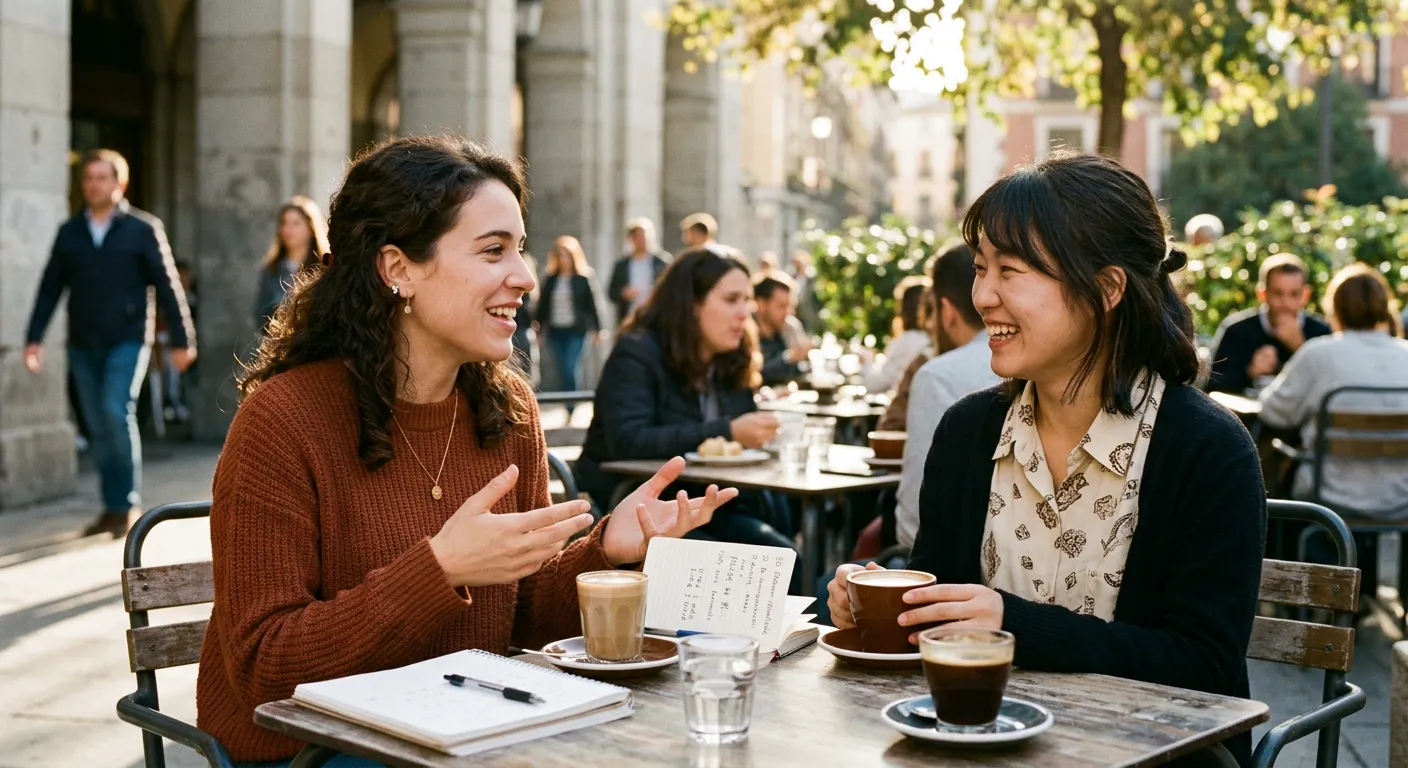 Joven castellana conversando naturalmente con amiga japonesa en cafetería