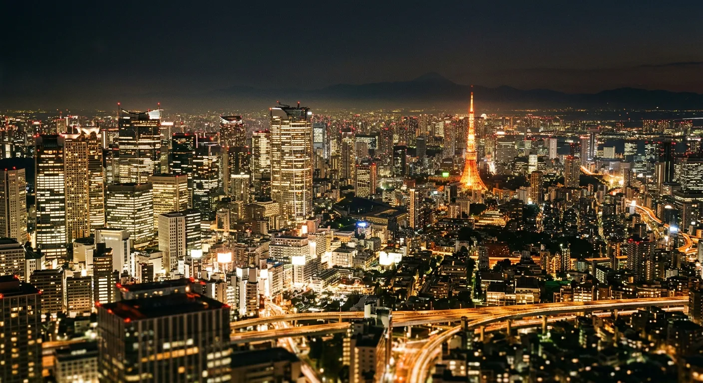 Horizonte nocturno de Tokio con edificios iluminados y luz cálida urbana