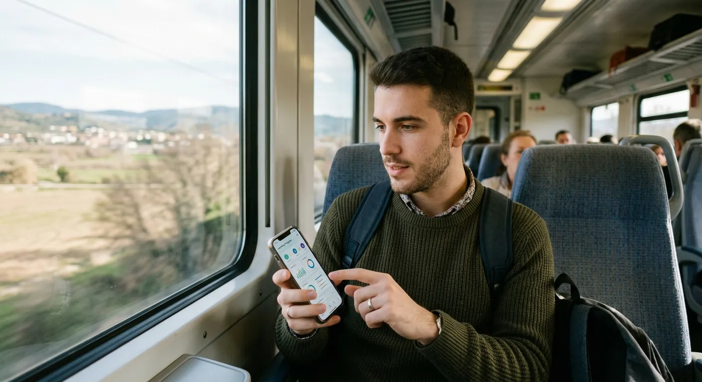 Joven castellano revisando dashboard de progreso en smartphone en el tren