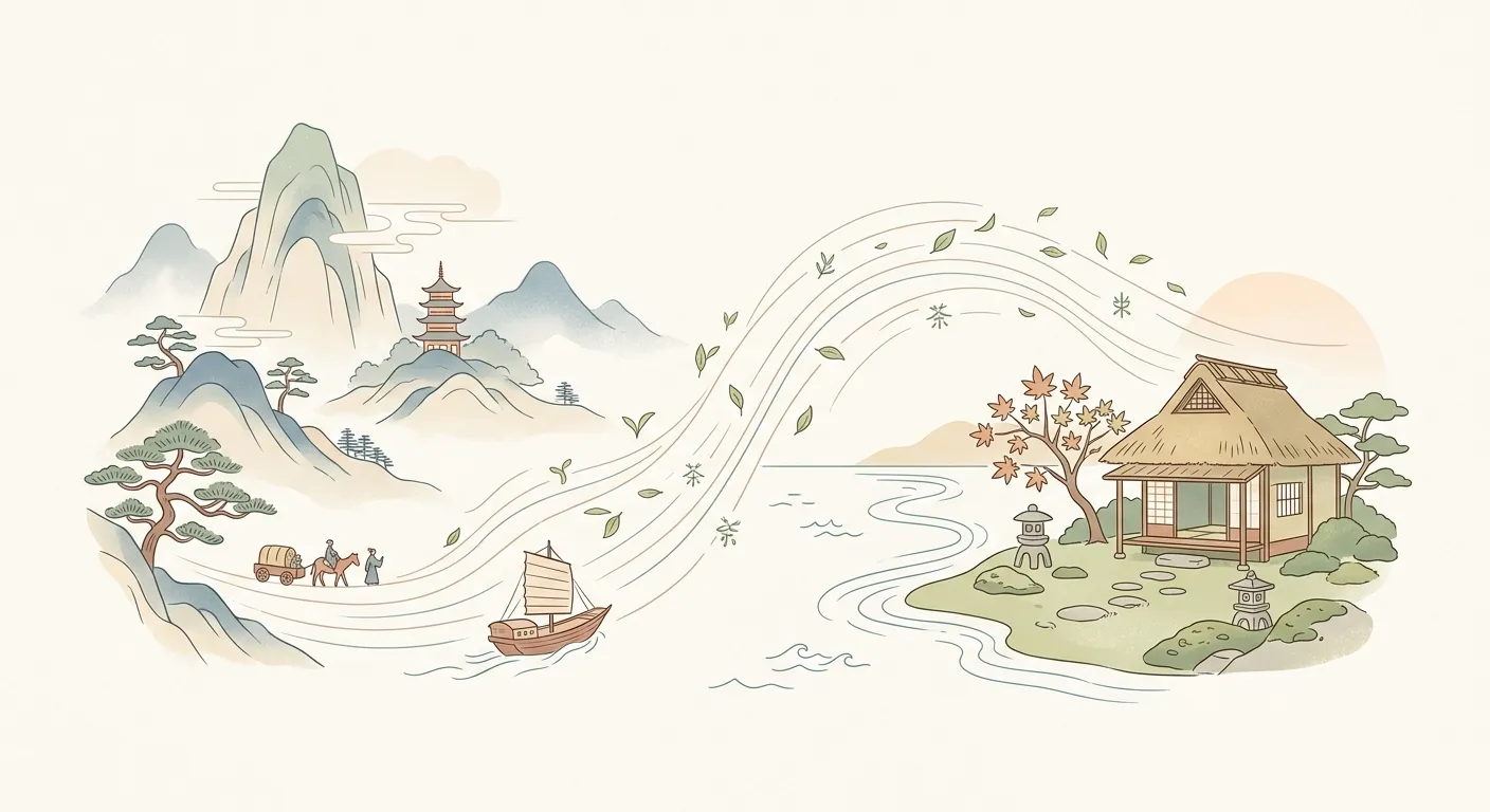 Ilustración minimalista del viaje del té desde China hasta Japón a lo largo de mil quinientos años