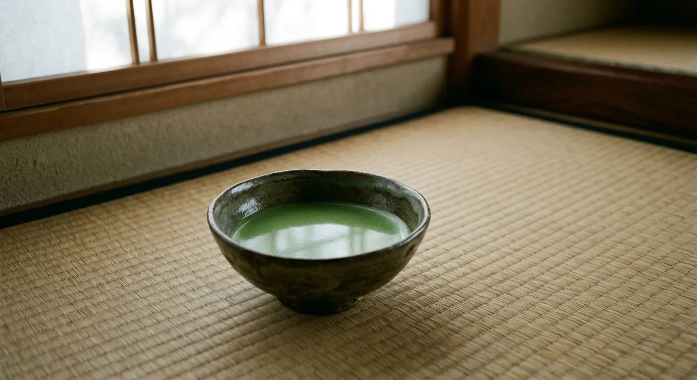 Un tazón de té verde en calma reflejando la luz suave, el té como espejo del alma