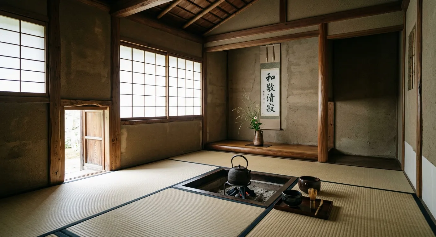 Interior de una sala de té chashitsu con luz suave entrando por la entrada nijiriguchi, un microcosmos sagrado