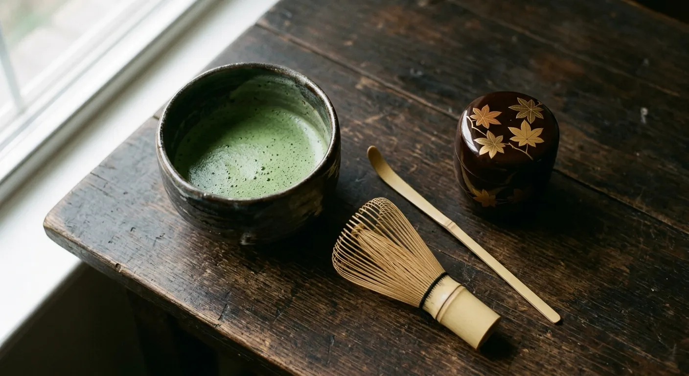 Utensilios de la ceremonia del té japonesa dispuestos con cuidado: tazón, batidor de bambú y cucharilla