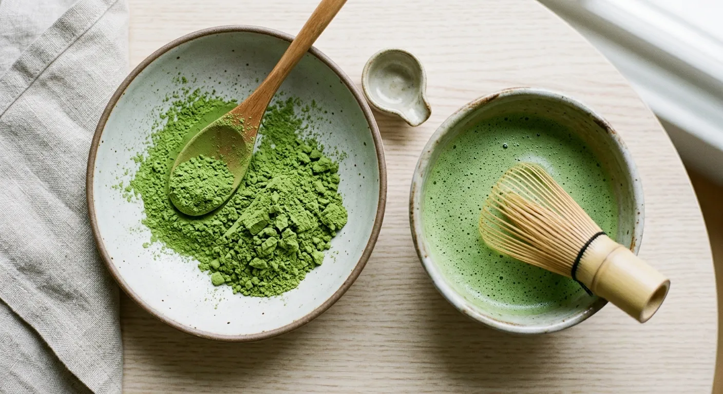 Primer plano del vibrante polvo de matcha verde y el té batido en el tazón, el polvo que cambió la cultura