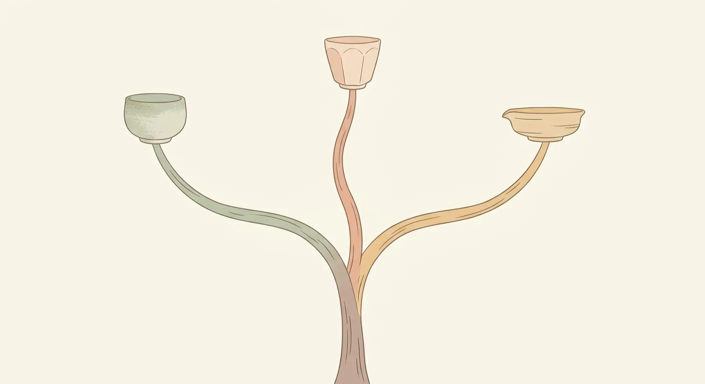 Ilustración minimalista de una raíz que se divide en tres caminos, las tres grandes escuelas del té