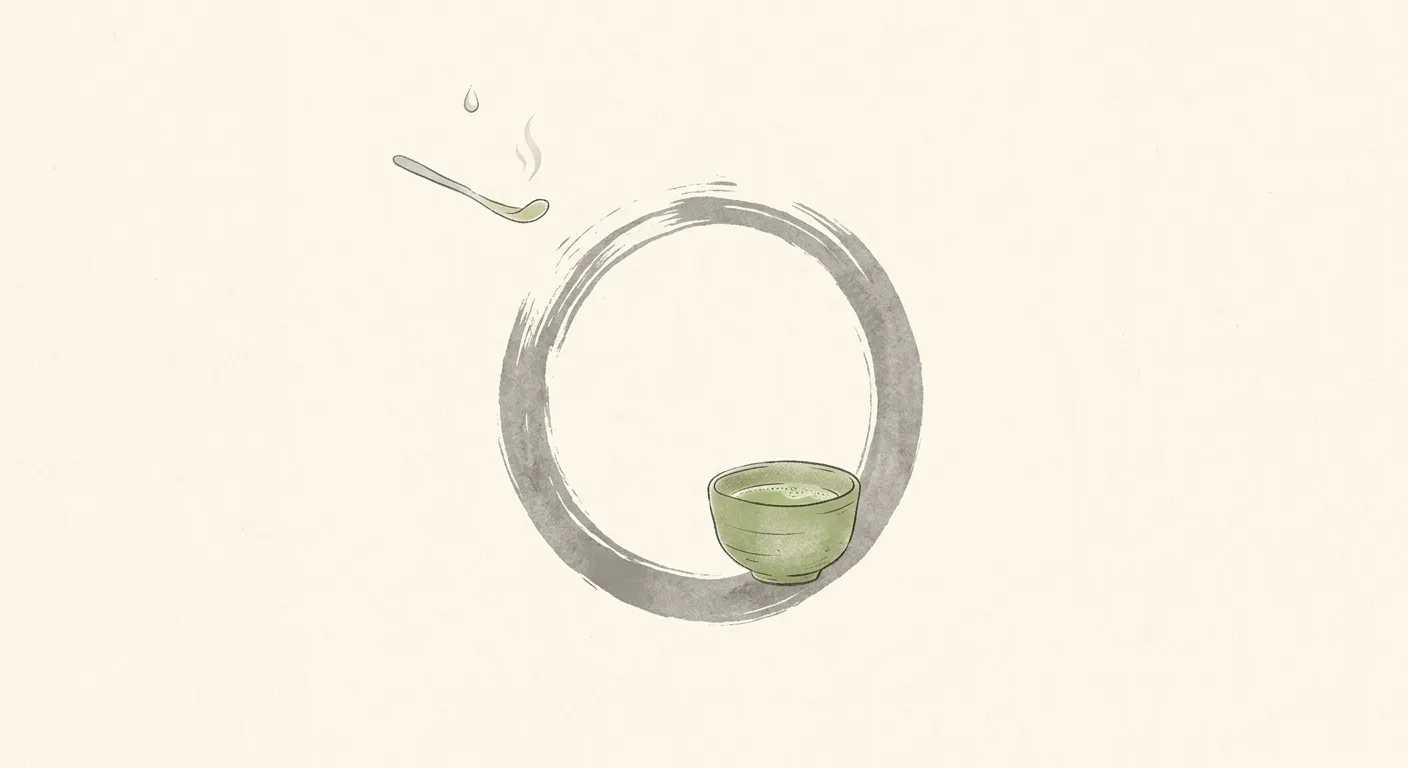 Ilustración minimalista que une un círculo ensō zen y un tazón de té, el té y el zen como una misma búsqueda