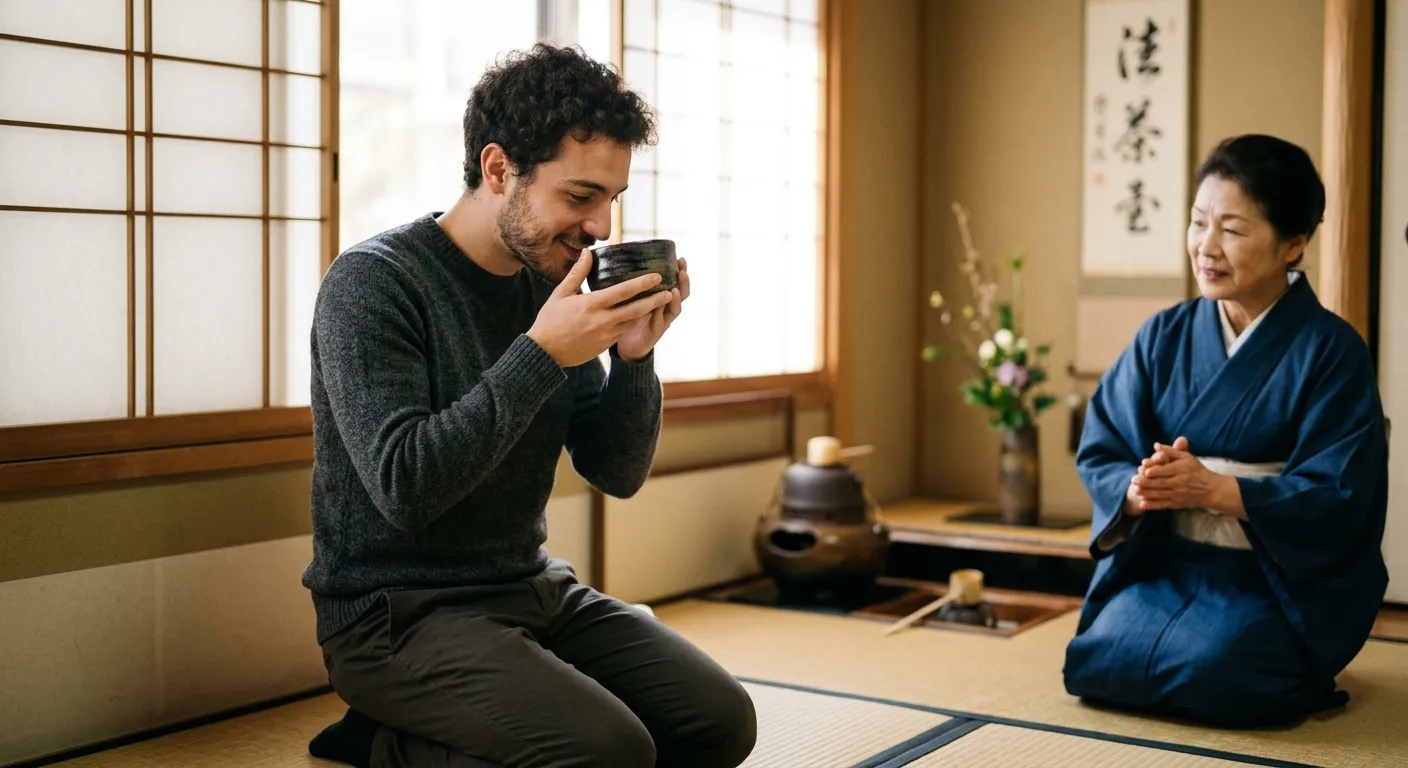 Joven visitante hispanohablante probando matcha con ambas manos en una sala de té, guía práctica del sadou