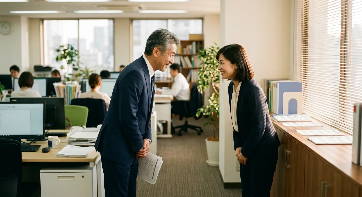 Dos colegas japoneses se tratan con respeto cortes en la oficina