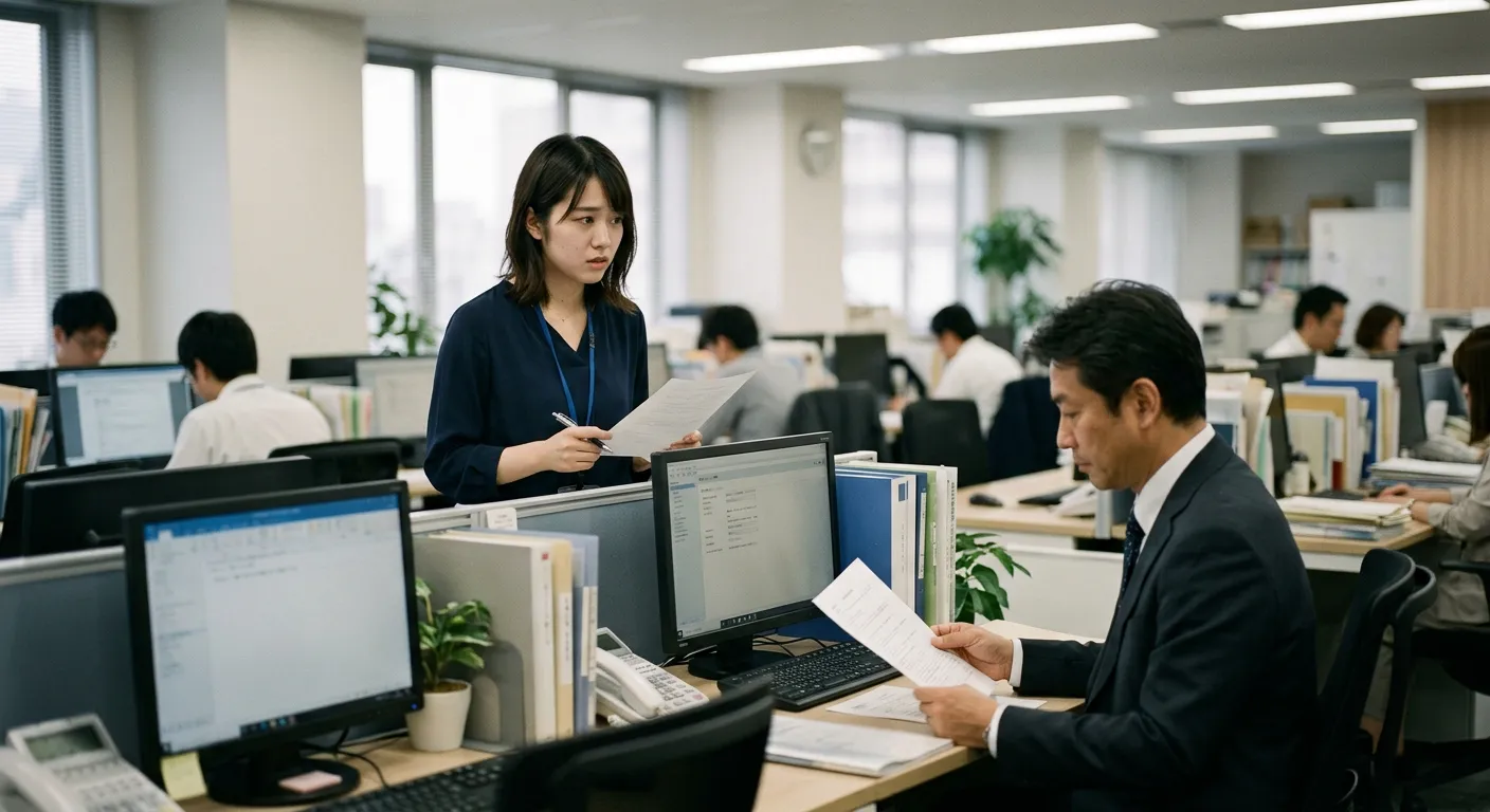 Una escena de oficina japonesa sobre la tension de como dirigirse a alguien