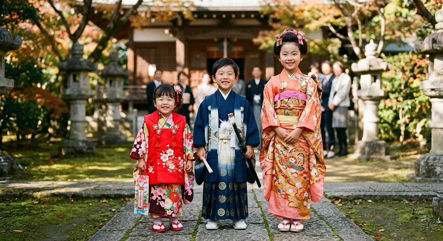 Tres ninos de distintas edades con kimono de gala uno junto a otro
