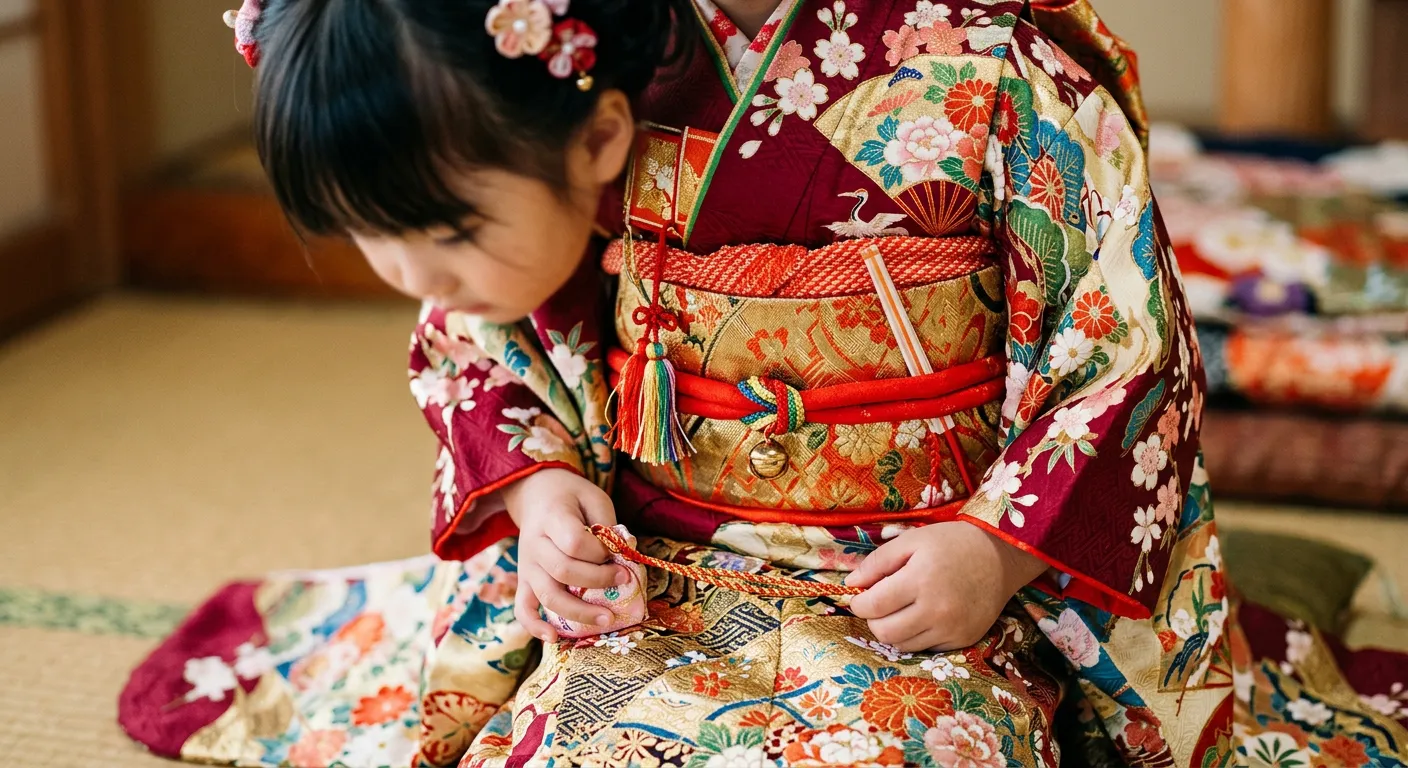 Detalle del kimono de gala infantil con patrones delicados y obi