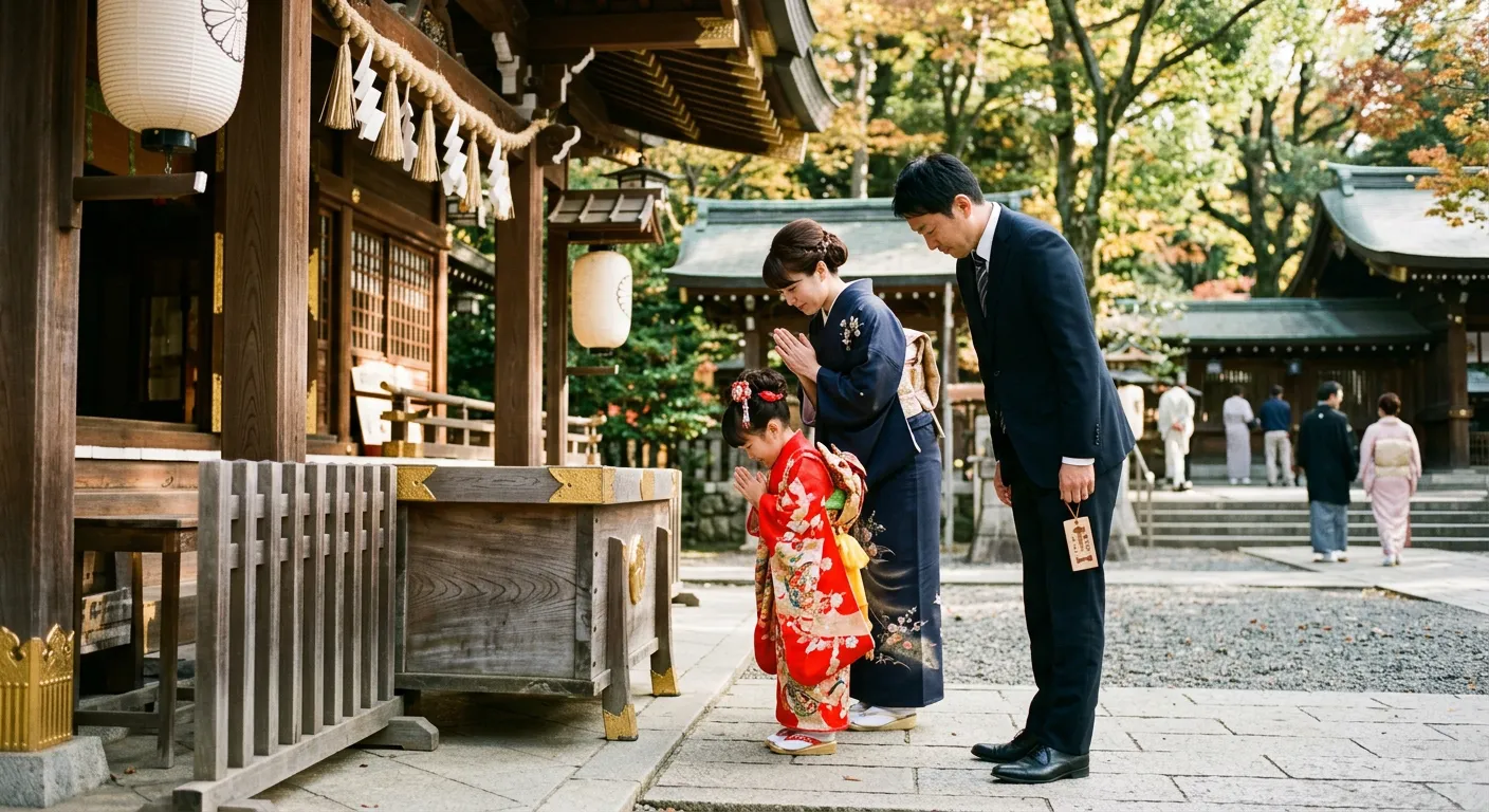 Una familia reza ante el santuario durante la visita del shichi-go-san