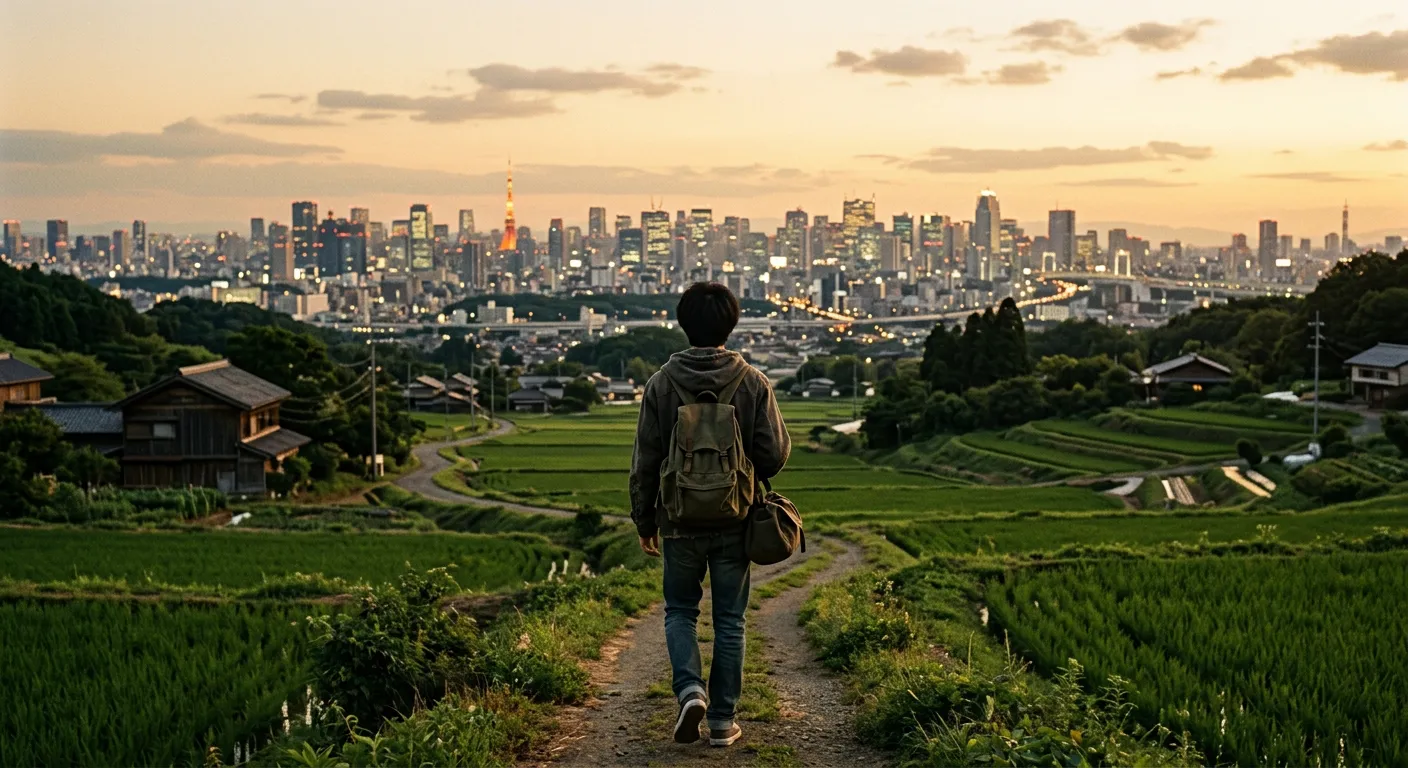 Un joven de espaldas camina del campo hacia el horizonte de Tokio