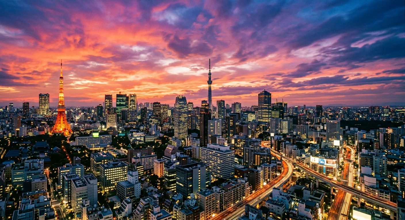 Un paisaje moderno de Tokio al atardecer bajo un cielo vivido y dramatico