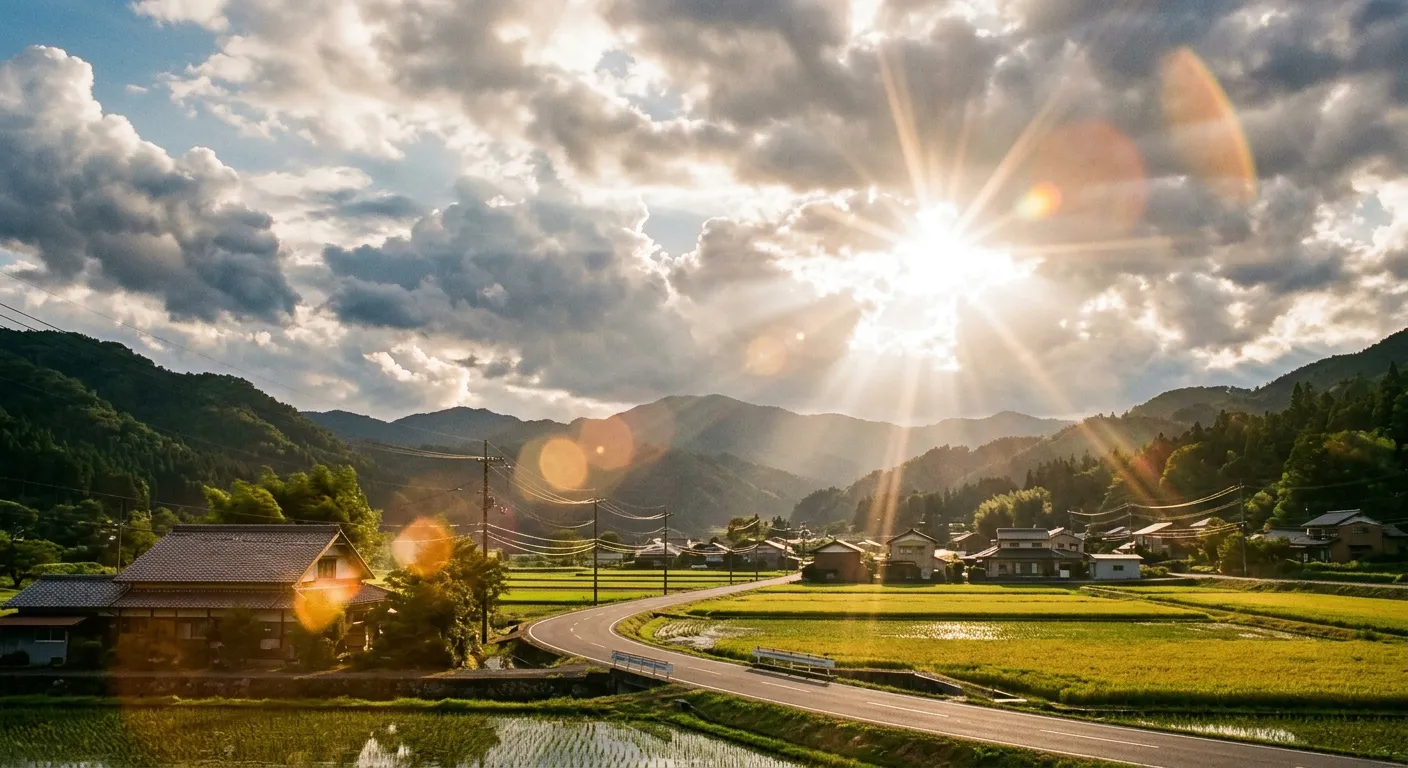 Una escena japonesa con luz espectacular entre las nubes, maestria de la luz