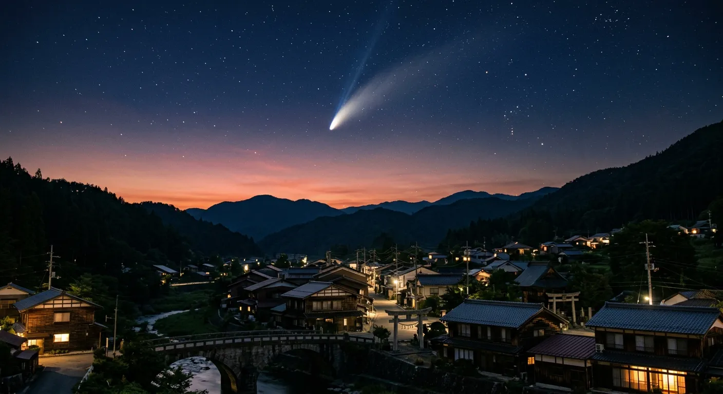 Un cielo de atardecer con un cometa sobre un pueblo japones tranquilo