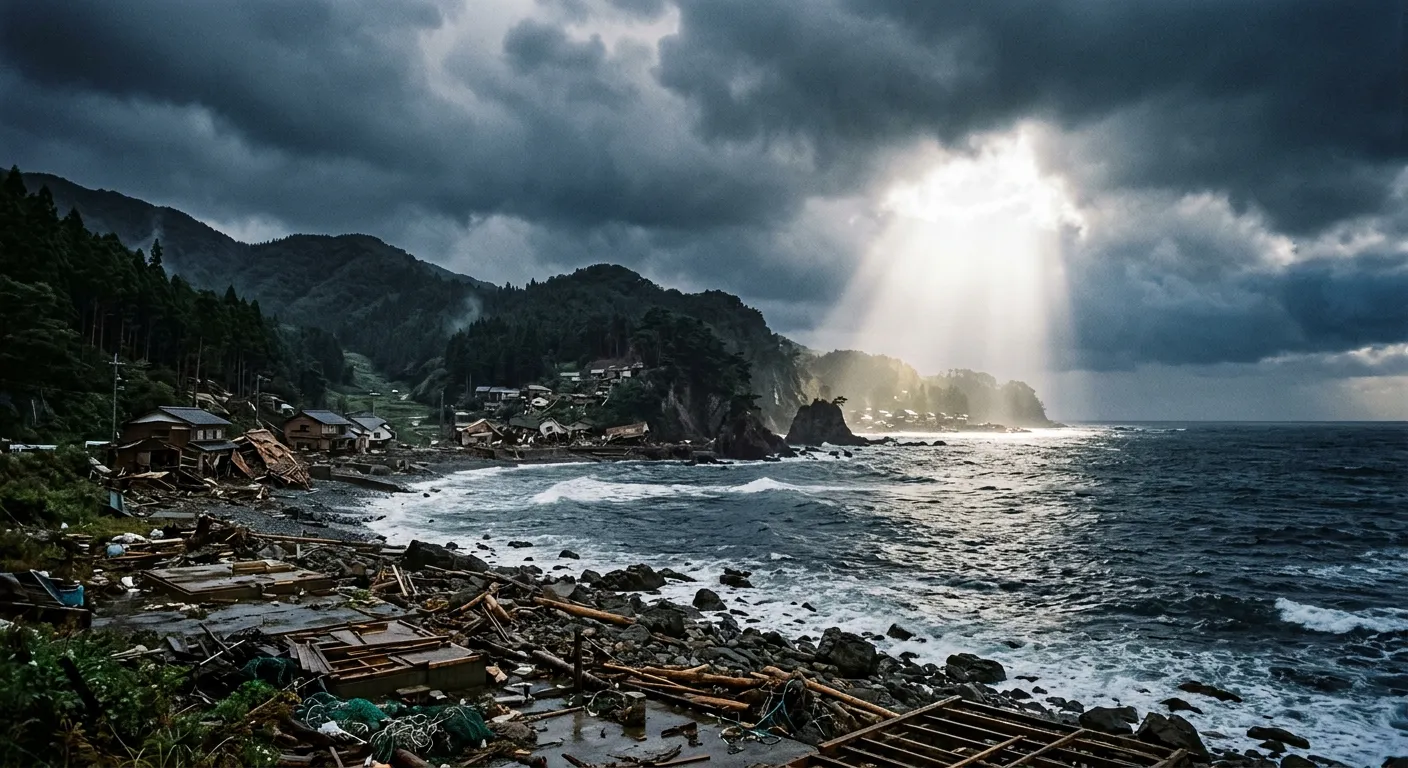 Un paisaje japones bajo nubes de lluvia con un rayo de luz, la fuerza de la naturaleza