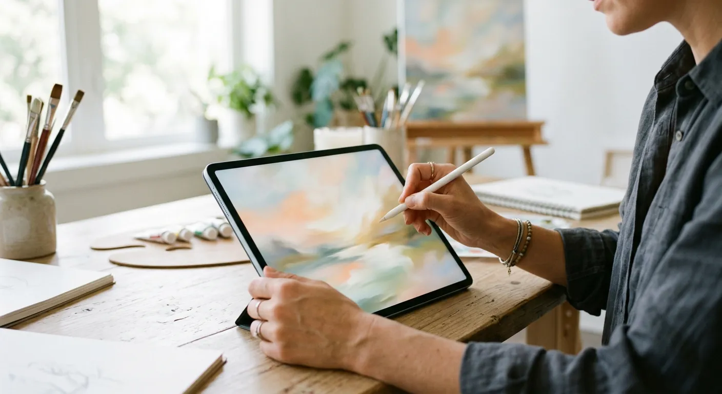 Las manos de un artista crean un fondo digital lleno de luz en una tableta