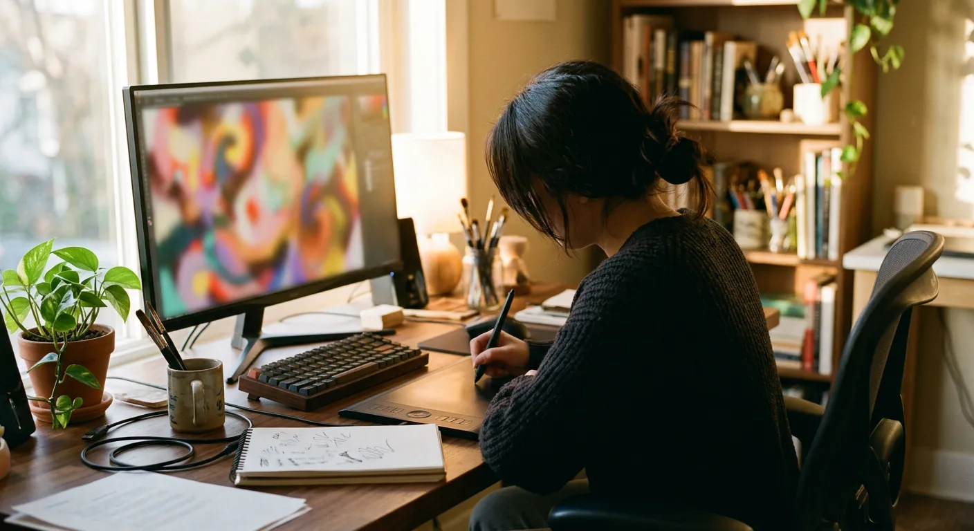 Un joven creador concentrado trabaja en arte digital, inspirado