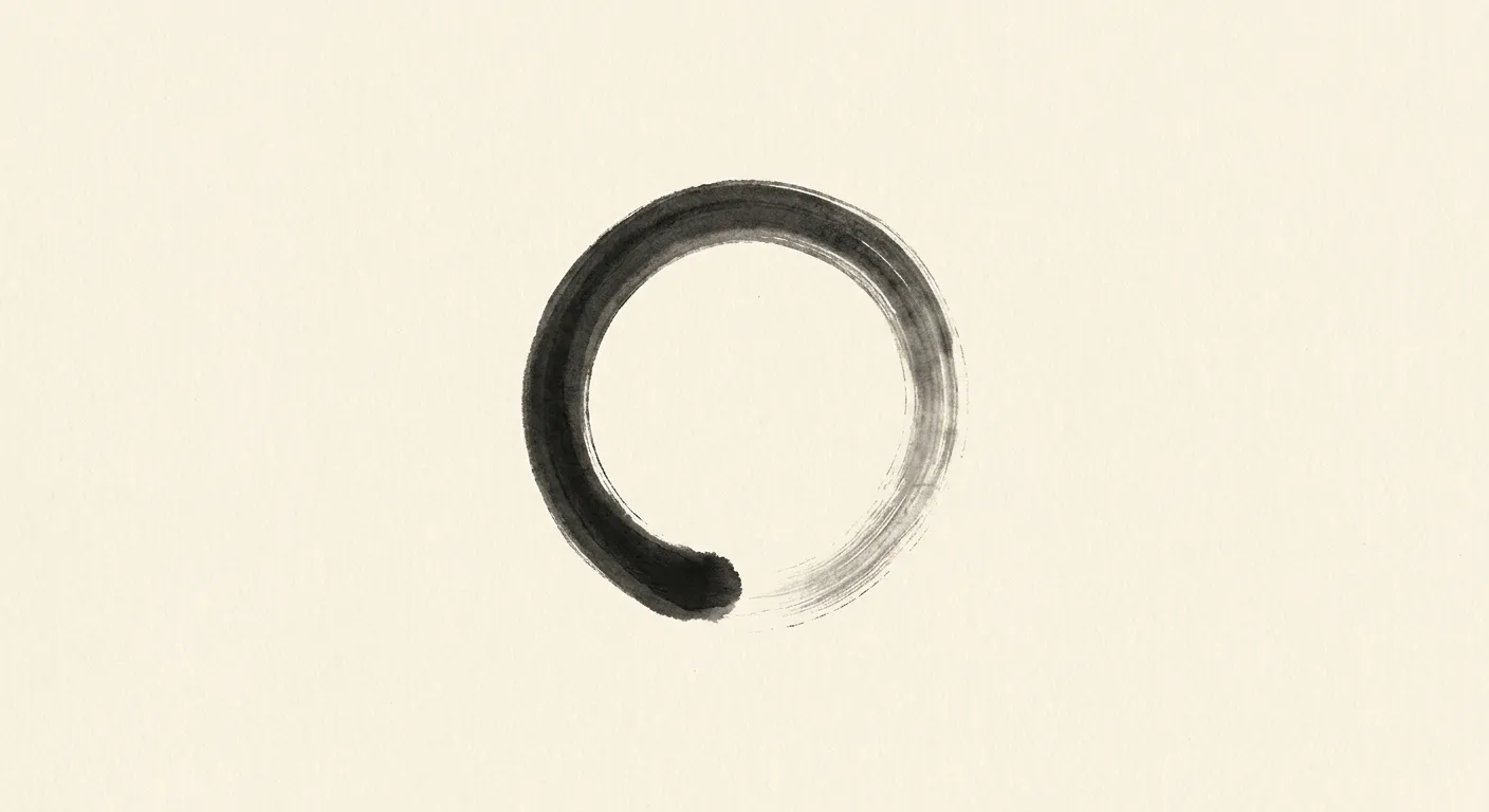 Ilustración minimalista de un círculo ensō pintado de un solo trazo, escribir desde el vacío, shodou y zen