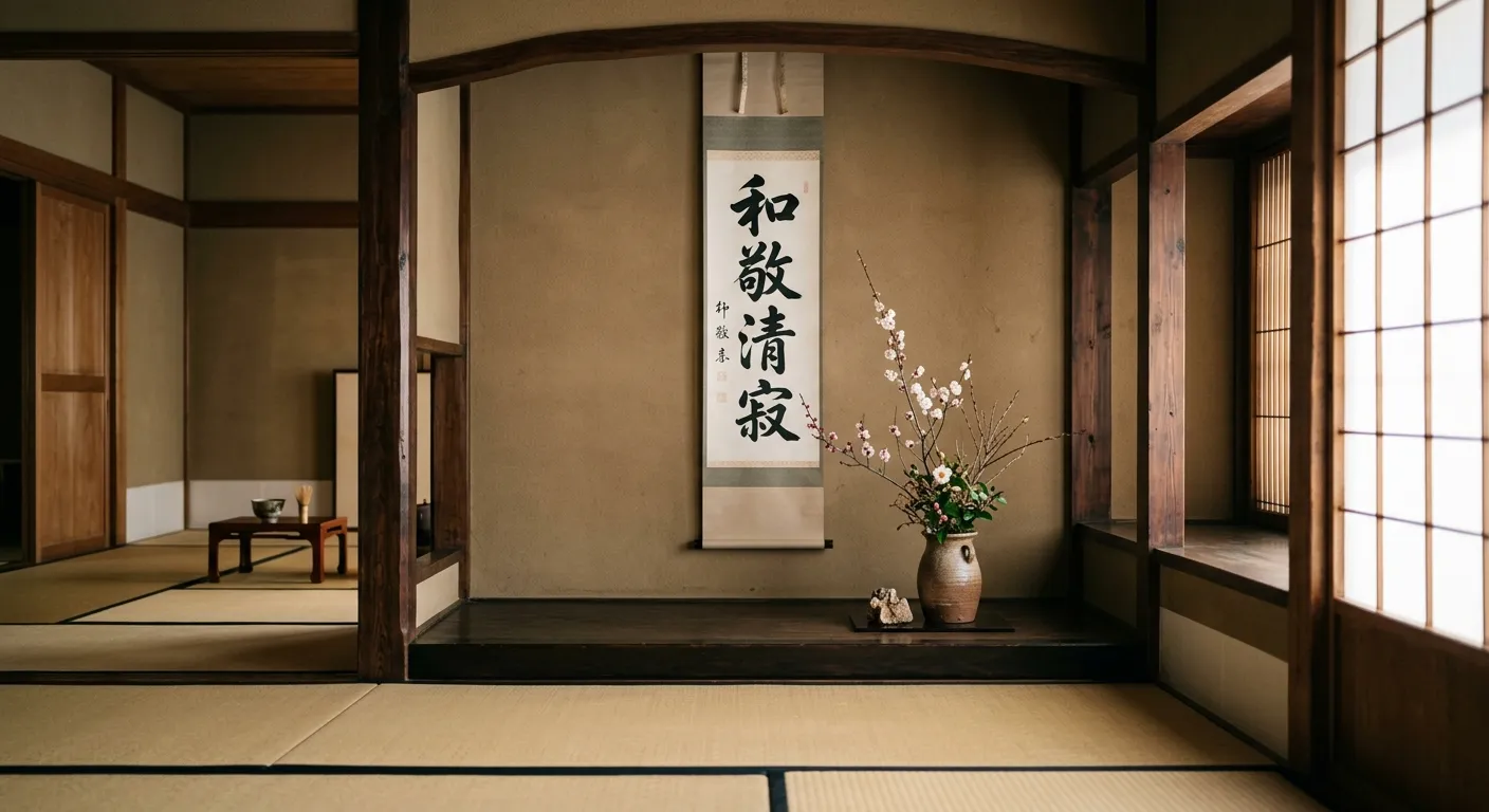 Pergamino de caligrafía colgado en la alcoba tokonoma junto a un arreglo floral, el shodou entre las artes japonesas