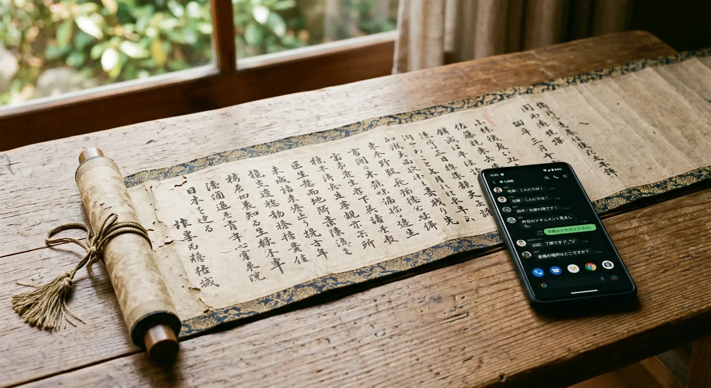 Pergamino antiguo japonés junto a smartphone moderno mostrando la evolución de la escritura