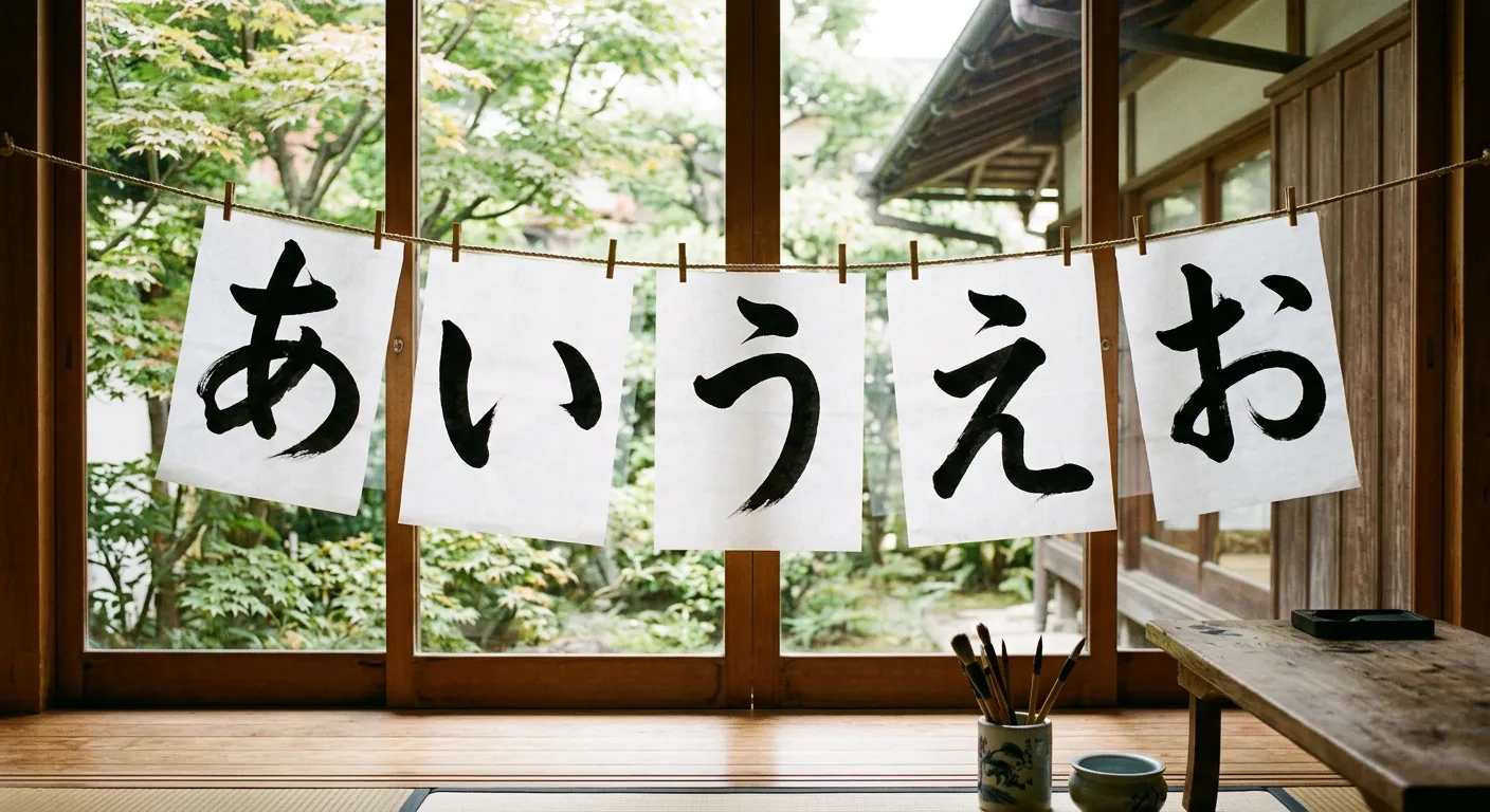 Papeles de caligrafía con hiragana bellamente escritos colgados junto a una ventana