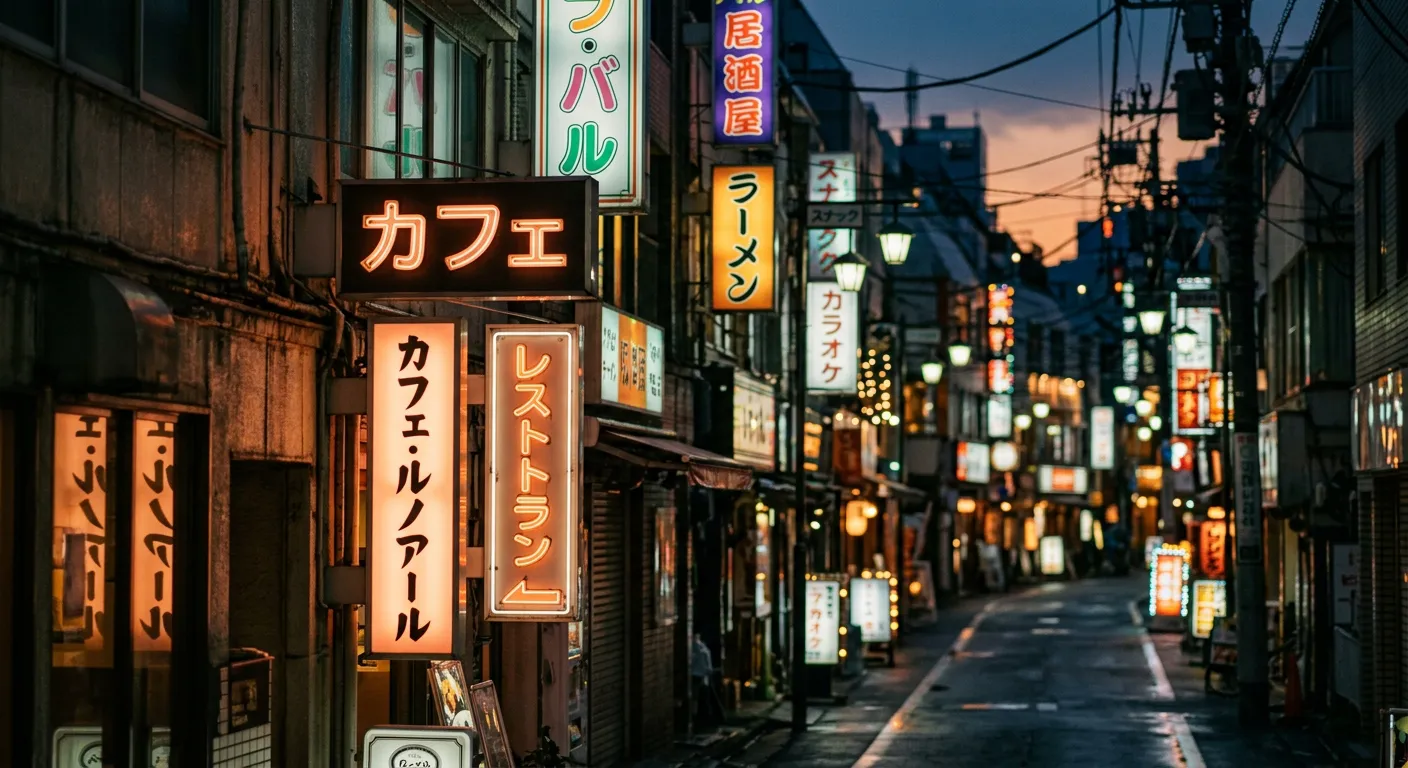 Letreros de neón en katakana de cafés y restaurantes en Tokio al atardecer