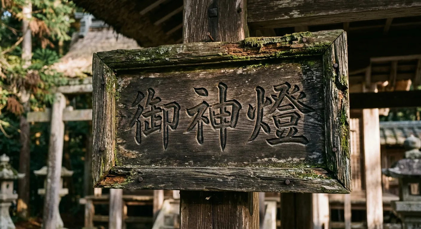 Placa de madera de templo con caracteres kanji tallados iluminados por luz matutina