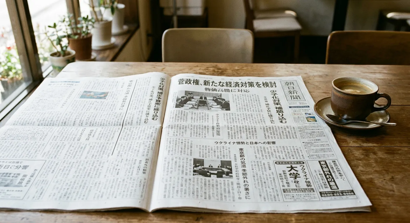 Periódico japonés abierto mostrando la convivencia natural de hiragana, katakana y kanji