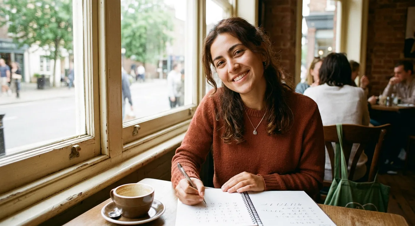Joven castellana sonriendo orgullosa mientras practica escritura japonesa en una cafetería
