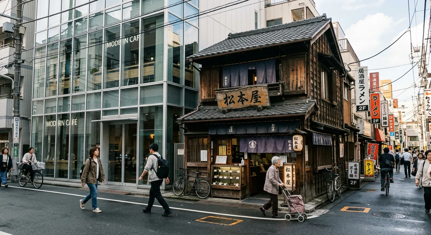 Una esquina donde un edificio moderno convive con una tienda tradicional