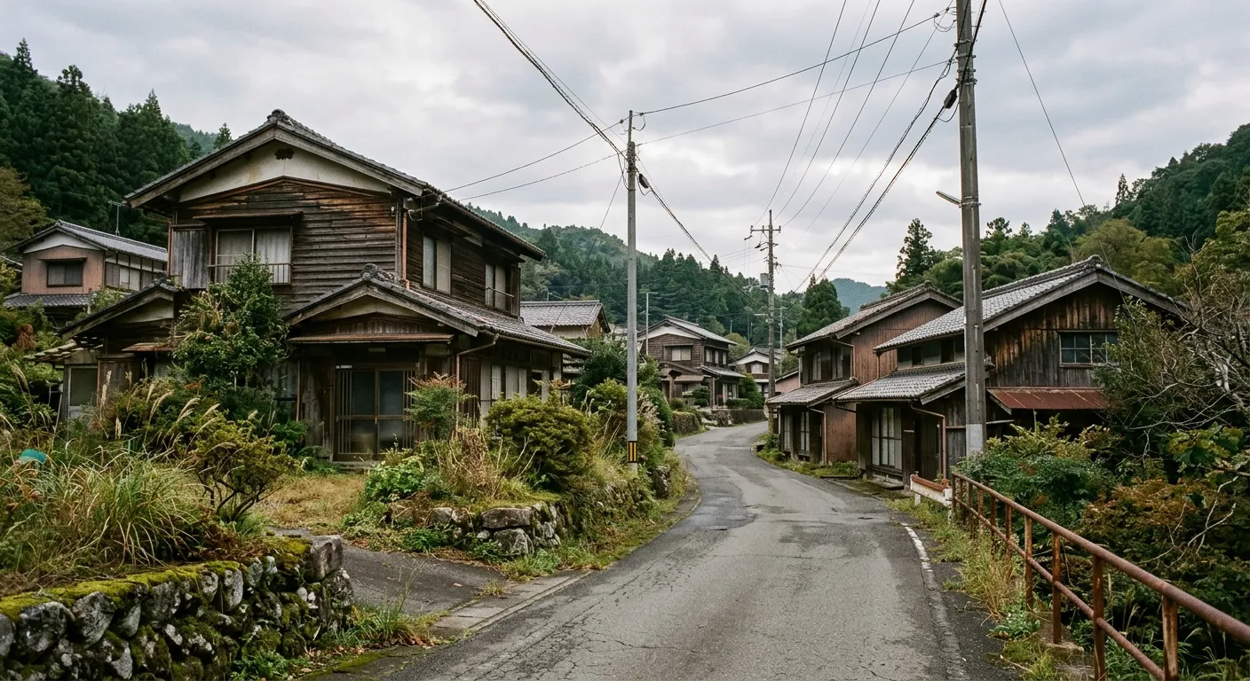 Una calle rural japonesa despoblada con casas vacias