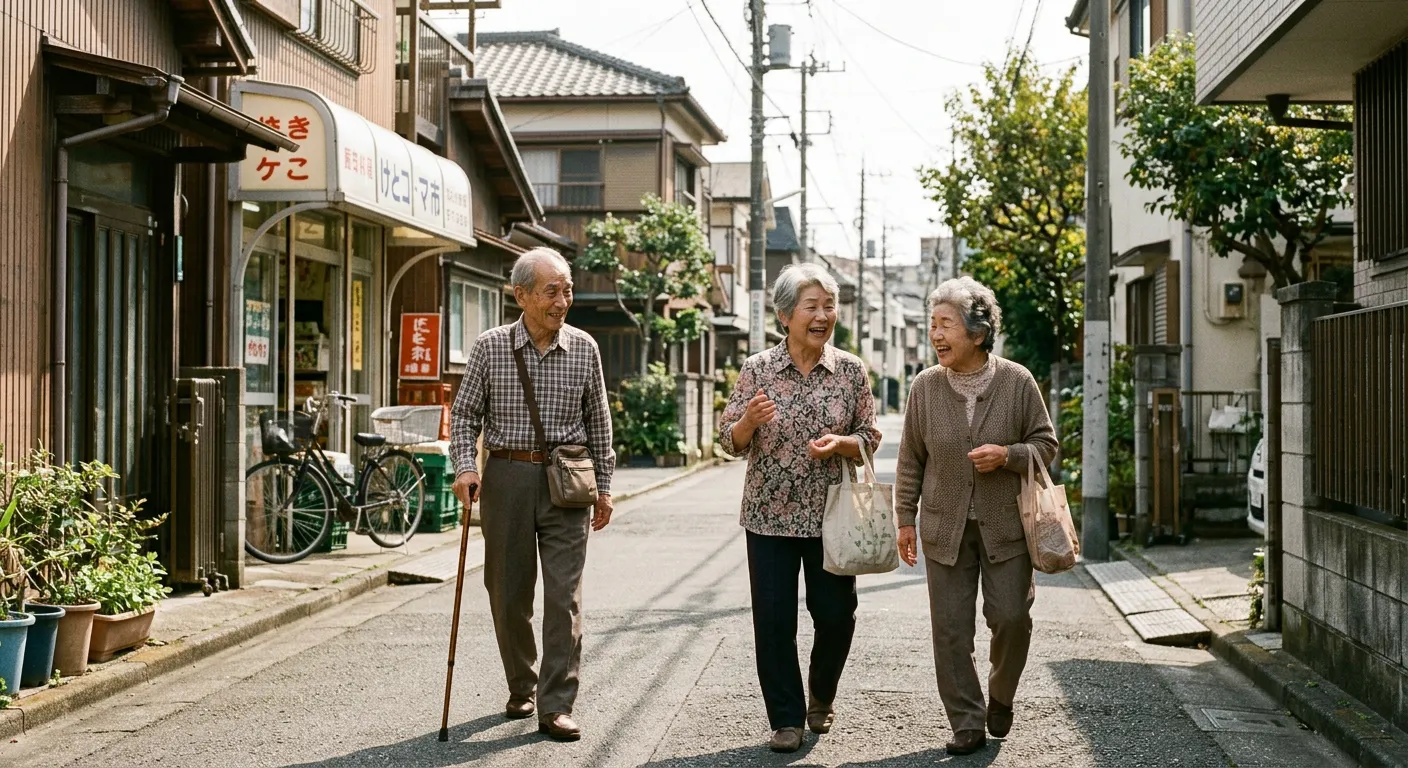 Personas mayores japonesas en la vida cotidiana de un barrio
