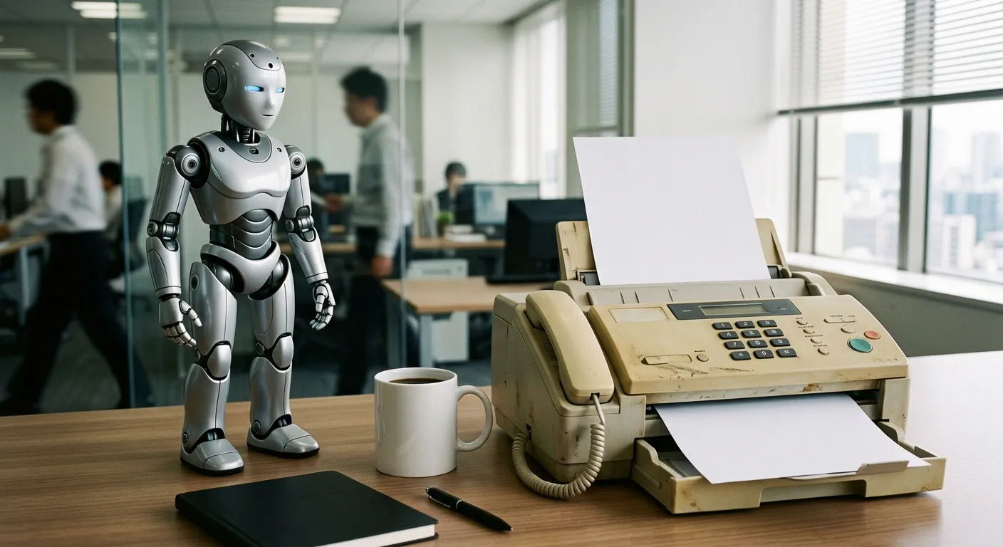 Un robot avanzado junto a un viejo fax sobre el mismo escritorio
