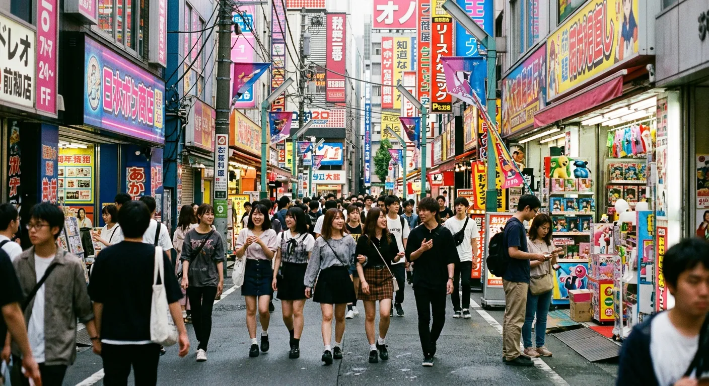 Una calle de cultura pop estilo Akihabara llena de gente joven