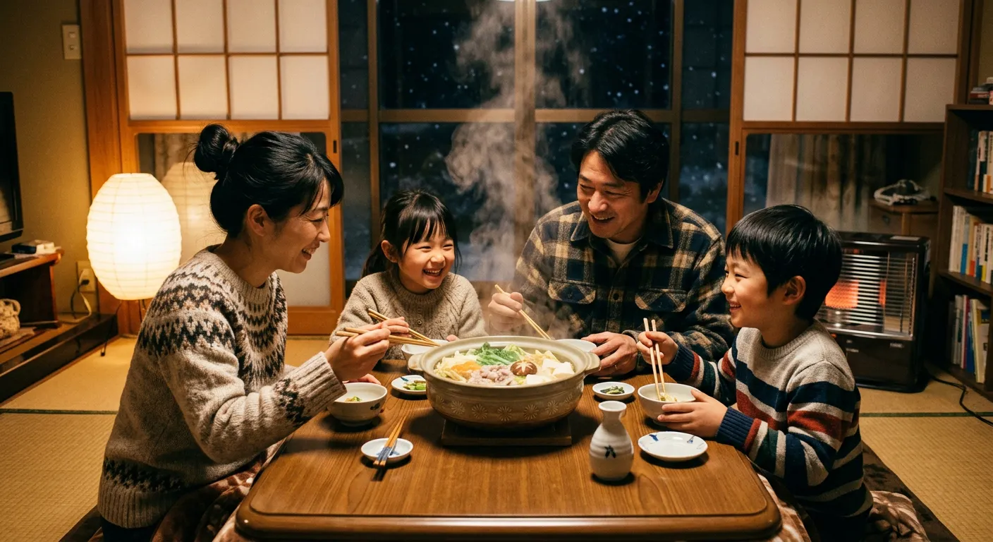 Una familia japonesa reunida en torno al nabe en invierno