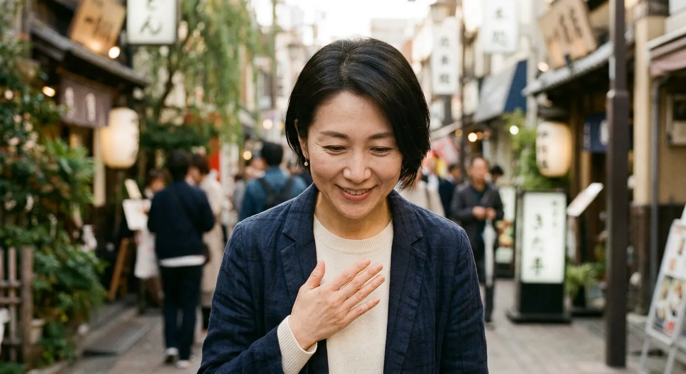Primer plano de una persona japonesa con gesto de disculpa diciendo sumimasen