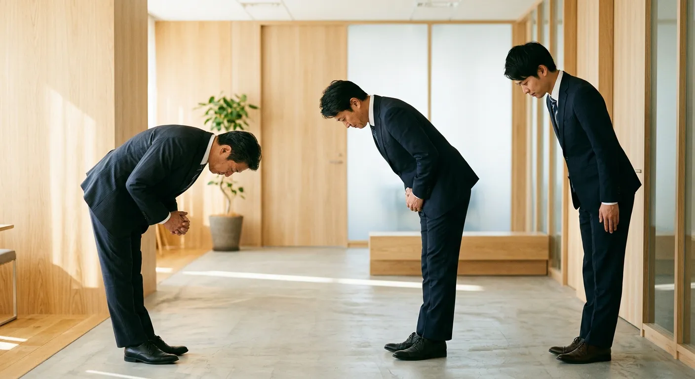 Tres personas japonesas se inclinan a profundidades crecientes, la disculpa