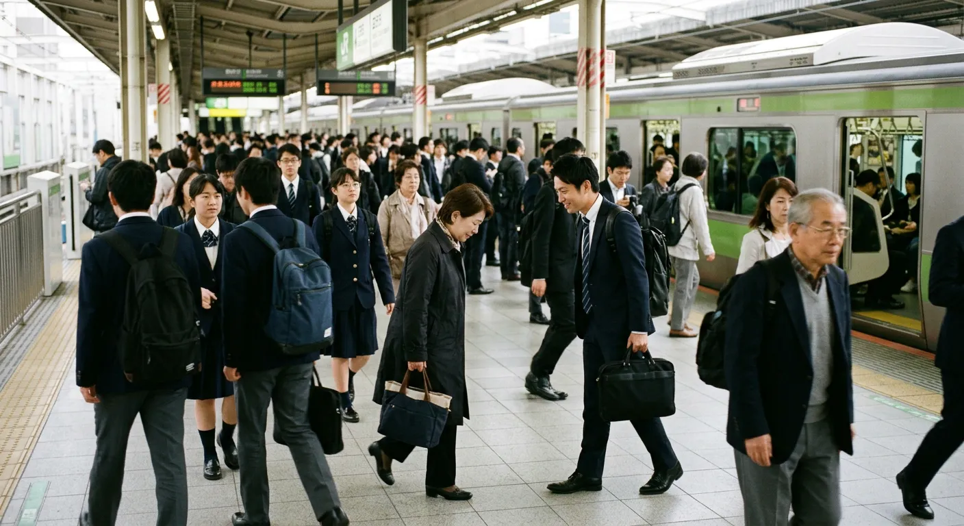 Una estacion japonesa concurrida donde la gente se disculpa con cortesia