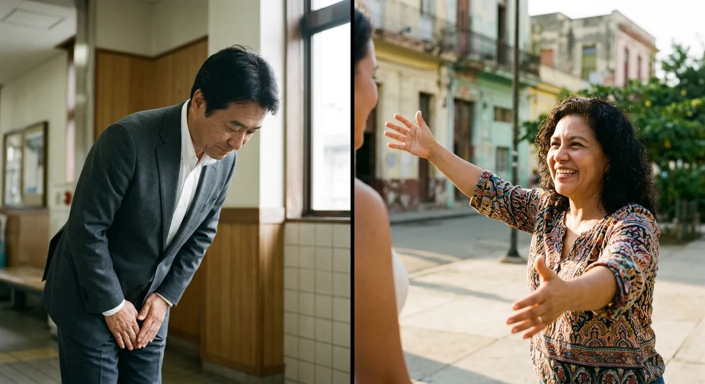 Contraste entre una reverencia japonesa y un saludo expresivo hispano