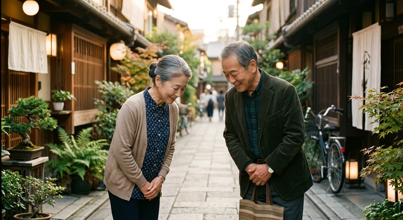 Dos personas japonesas intercambian una reverencia cortes y una sonrisa